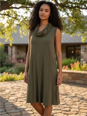 🫶🏻 Color Bear Sleeveless Olive Cowl Neck Knit Dress